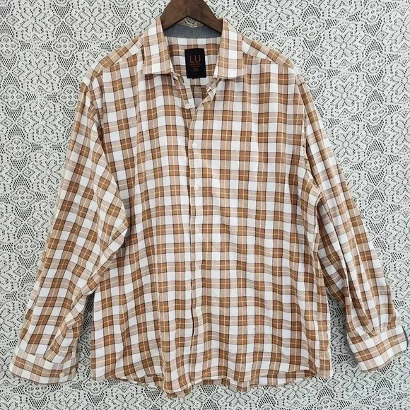 Linea Uomo Plaid Long sleeve Plaid Button Down Stretch Men's Shirt XXL Brown - Picture 1 of 7